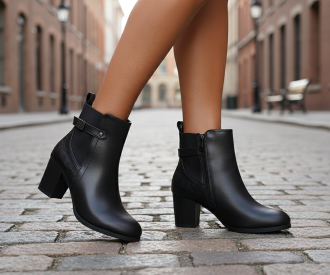 CZARNE OCIEPLANE DAMSKIE BOTKI NA SŁUPKU SKÓRZANE BORETTO