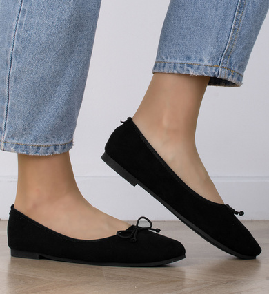 CZARNE MOKASYNY BALERINKI ZAMSZOWE Z KOKARDĄ LANI