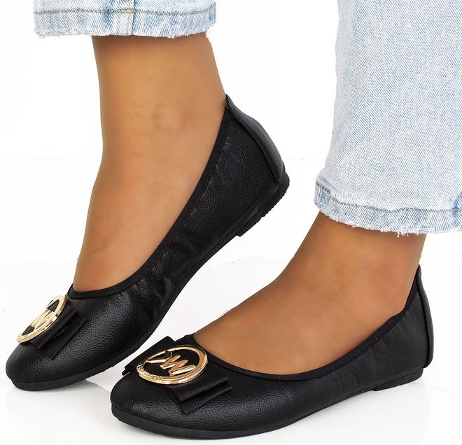 CZARNE BALERINKI PÓŁBUTY SKÓRZANE ZŁOTA OZDOBA RUBIS 3