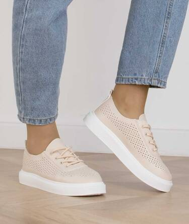 BEŻOWE SKÓRZANE TRAMPKI TENISÓWKI AŻUROWA CHOLEWKA HARLI