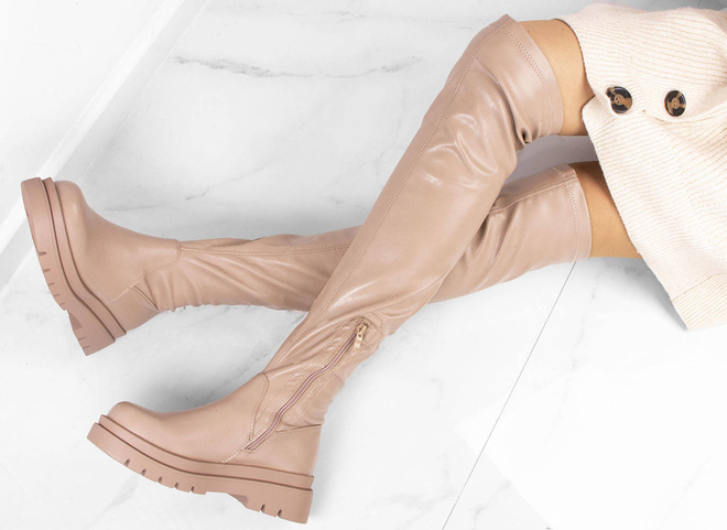 KHAKI SKÓRZANE KOZAKI ZA KOLANO DORIA 7