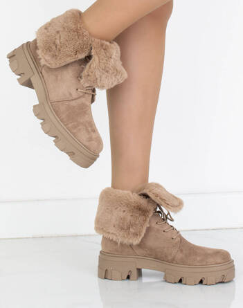 BEŻOWE ZAMSZOWE BOTKI TRAPERY OCIEPLANE NA PLATFORMIE SHARI