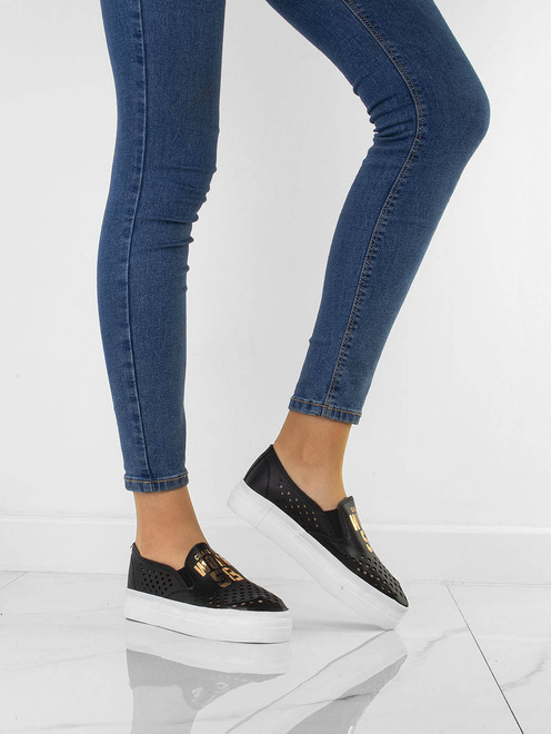 CZARNE TRAMPKI TENISÓWKI AŻUROWE SLIP ON  7