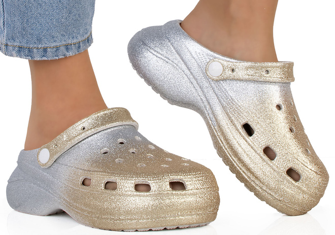 ZŁOTE BROKATOWE DAMSKIE PIANKOWE KLAPKI NA GRUBEJ PODESZWIE CITRA 2