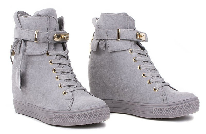 SZARE ZAMSZOWE SNEAKERSY NA KOTURNIE Z KŁÓDKĄ EMMA