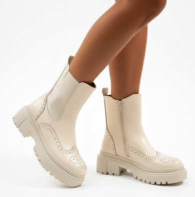 BEŻOWE SKÓRZANE BOTKI SZTYBLETY PLATFORMA SOPHIA