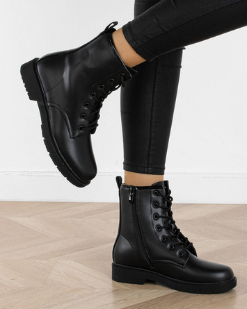 CZARNE SKÓRZANE BOTKI OCIEPLANE SZNUROWANE NELL