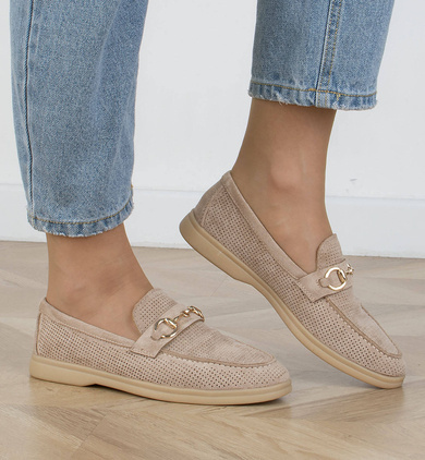 BEŻOWE MOKASYNY ZAMSZOWE DAMSKIE WSUWANE GOLDIE