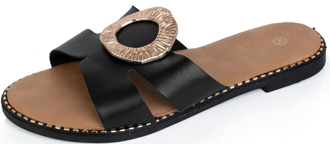 CZARNE DAMSKIE SKÓRZANE KLAPKI ELEGANCKIE OZDOBA JUSTA 1