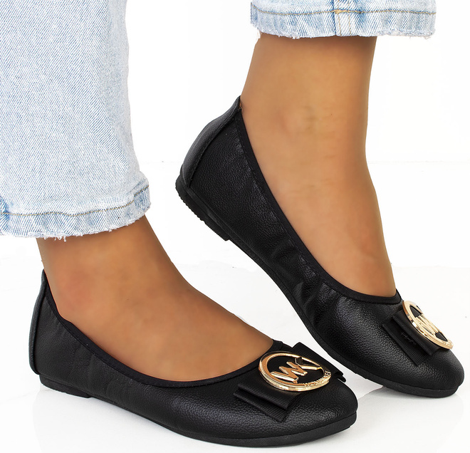 CZARNE BALERINKI PÓŁBUTY SKÓRZANE ZŁOTA OZDOBA RUBIS 1