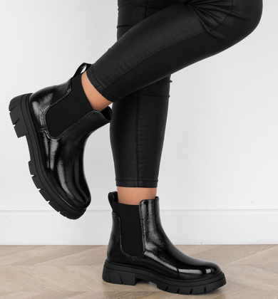 CZARNE DAMSKIE BOTKI LAKIEROWANE PLATFORMA WSUWANE SZTYBLETY CUSHY