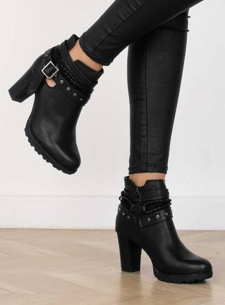 CZARNE BOTKI NA SŁUPKU SKÓRZANE PASKI