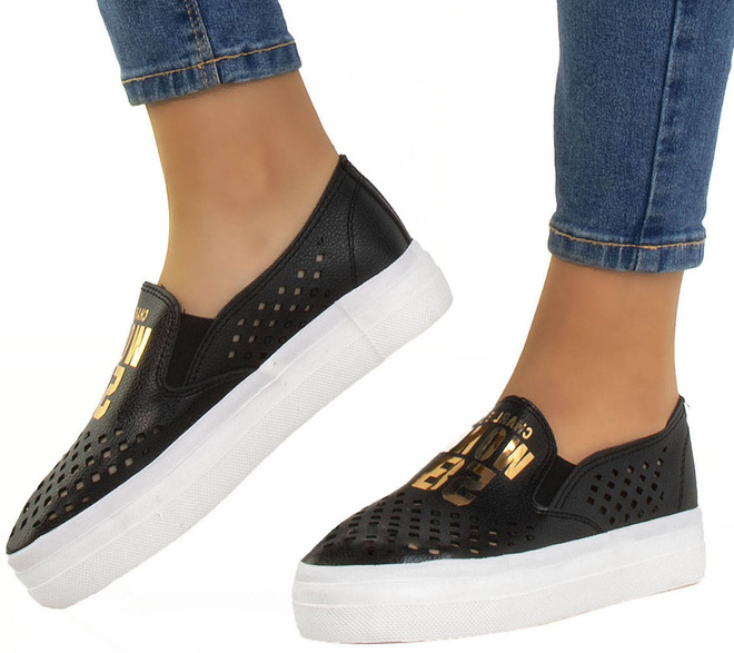 CZARNE TRAMPKI TENISÓWKI AŻUROWE SLIP ON  4