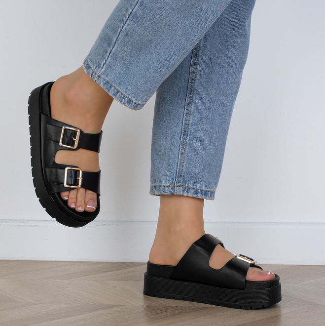 CZARNE KLAPKI KLAMRA SKÓRZANE GRUBA PODESZWA IMELDA 6