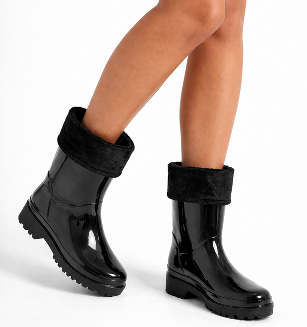 WYSOKIE CZARNE LAKIEROWANE KALOSZE SZTYBLETY OCIEPLANE 8