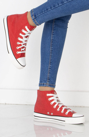 CZERWONE WYSOKIE TRAMPKI EKOSKÓRA SZNUROWANE