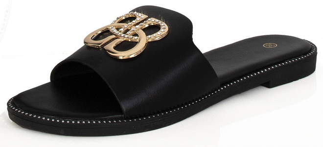 CZARNE DAMSKIE SKÓRZANE KLAPKI ELEGANCKIE OZDOBA PRIMA 3