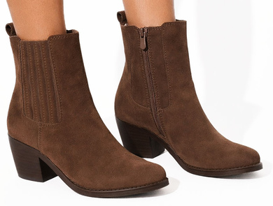 DAMSKIE BRĄZOWE ZAMSZOWE BOTKI KOZAKI NA SŁUPKU ZAMEK