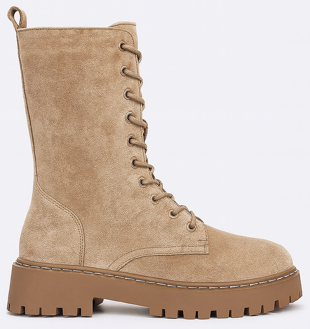 BEŻOWE ZAMSZOWE BOTKI TRAPERY SZNUROWANE ZAMEK MIRVA 1