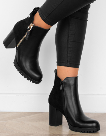 CZARNE DAMSKIE BOTKI NA SŁUPKU SKÓRZANE NA ZAMEK FUFI