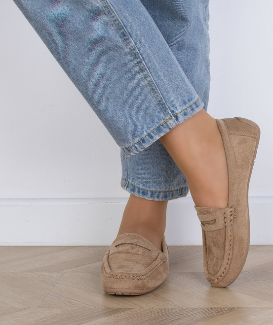 BEŻOWE MOKASYNY ZAMSZOWE DAMSKIE WSUWANE DESIRE