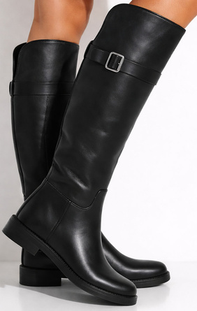 CZARNE DAMSKIE KOZAKI SKÓRZANE OCIEPLANE KLAMRA