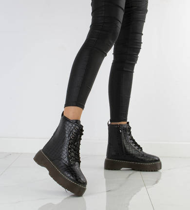 CZARNE BOTKI GLANY KROKODYL PLATFORMA