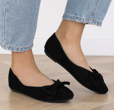 CZARNE MOKASYNY BALERINKI ZAMSZOWE Z KOKARDĄ EMILIA