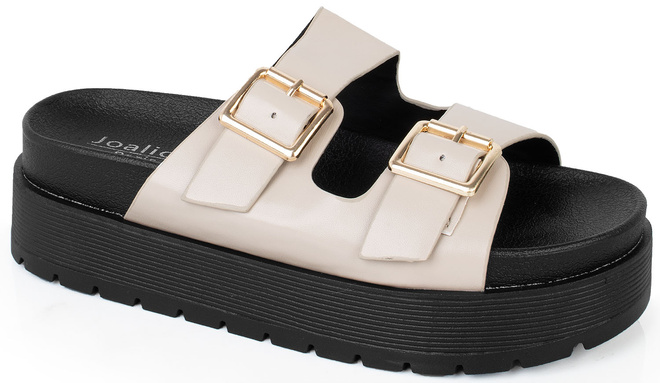 BEŻOWE KLAPKI KLAMRA SKÓRZANE GRUBA PODESZWA IMELDA 1