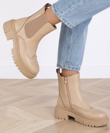 BEŻOWE SKÓRZANE BOTKI SZTYBLETY PLATFORMA SOPHIA