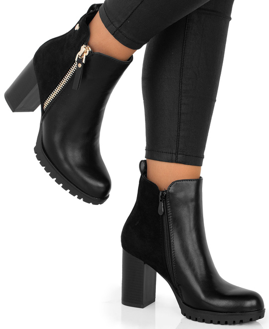 CZARNE DAMSKIE BOTKI NA SŁUPKU SKÓRZANE NA ZAMEK FUFI 2