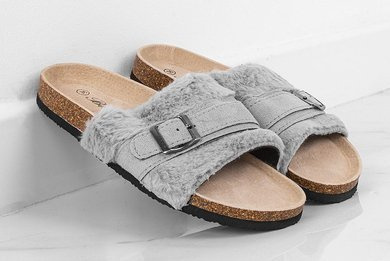 SZARE KLAPKI NA KORKU Z KLAMRĄ SOFIE