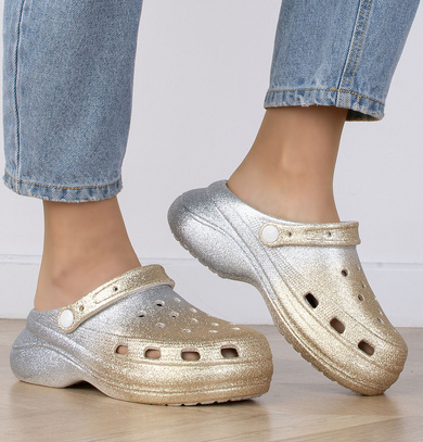 ZŁOTE BROKATOWE DAMSKIE PIANKOWE KLAPKI NA GRUBEJ PODESZWIE CITRA