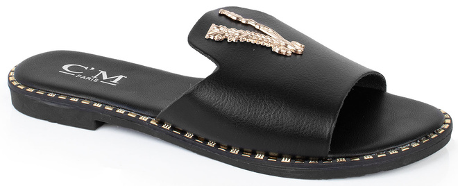 CZARNE DAMSKIE SKÓRZANE KLAPKI ELEGANCKIE OZDOBA FRANKLIN 1