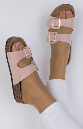 RÓŻOWE KLAPKI Z KLAMRAMI ZAMSZOWE NA KORKU TROPAZZ