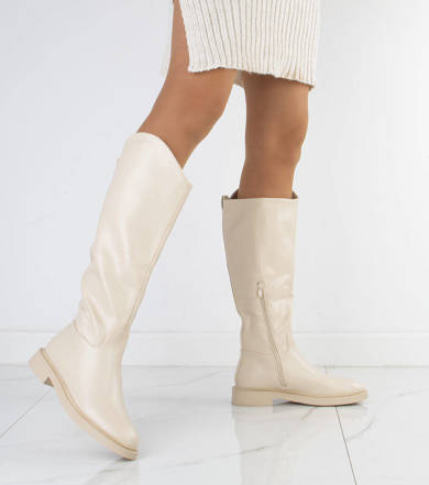 BEŻOWE SKÓRZANE KOZAKI OCIEPLANE OFICERKI