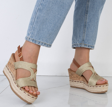 ZŁOTE DAMSKIE SANDAŁY NA KOTURNIE ESPADRYLE CRISTY
