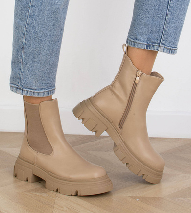 BEŻOWE SKÓRZANE BOTKI SZTYBLETY PLATFORMA LENORA
