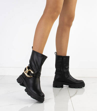 CZARNE BOTKI NA PLATFORMIE Z ŁAŃCUCHEM OCIEPLANE