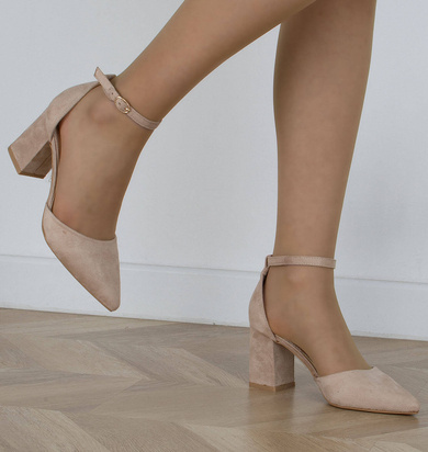 BEŻOWE DAMSKIE ZAMSZOWE CZÓŁENKA NA SŁUPKU SZPIC RAMONA