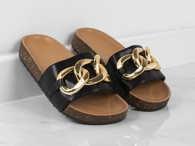 CZARNE KLAPKI Z ŁAŃCUCHEM NA KORKU ELIEXE