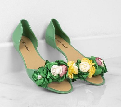 ZIELONE BALERINKI MELISKI Z KWIATKAMI FLOWERS