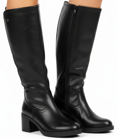 CZARNE DAMSKIE KOZAKI SKÓRZANE NA SŁUPKU ZAMEK