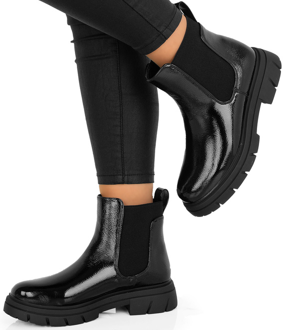 CZARNE DAMSKIE BOTKI LAKIEROWANE PLATFORMA WSUWANE SZTYBLETY CUSHY 4