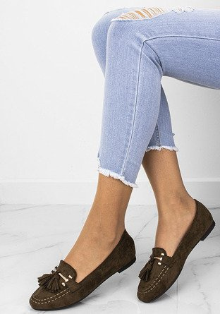 KHAKI ZAMSZOWE MOKASYNY FRĘDZLE INESSA