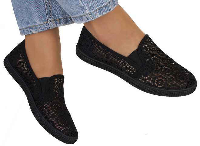 CZARNE DAMSKIE BALERINKI TENISÓWKI KORONKOWE ALMOR 2