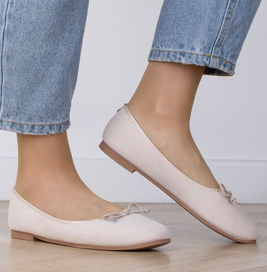 BEŻOWE MOKASYNY BALERINKI ZAMSZOWE Z KOKARDĄ LANI