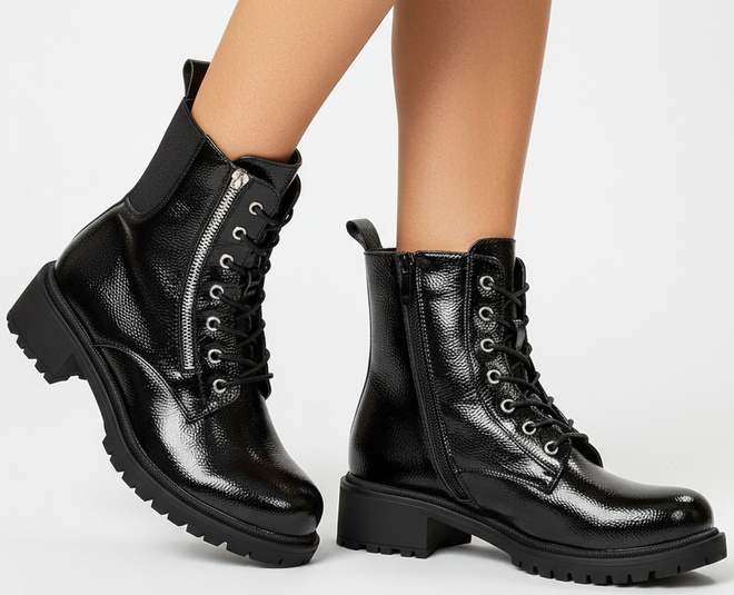 CZARNE  DAMSKIE BOTKI OCIEPLANE GLANY LAKIEROWANE ADORA 4