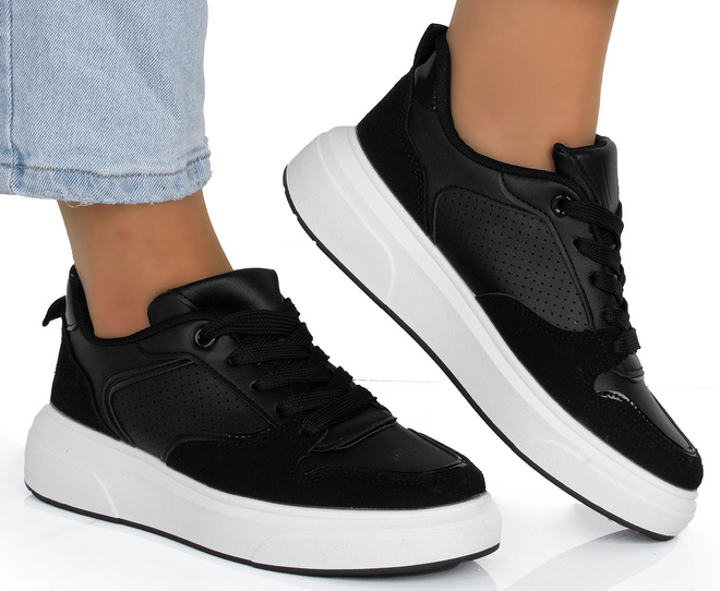 CZARNE TRAMPKI SNEAKERSY NA PLATFORMIE SISAL 2