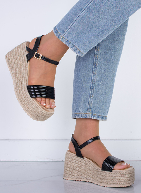 CZARNE DAMKSIE SANDAŁY NA KOTURNIE ESPADRYLE AUBRIA